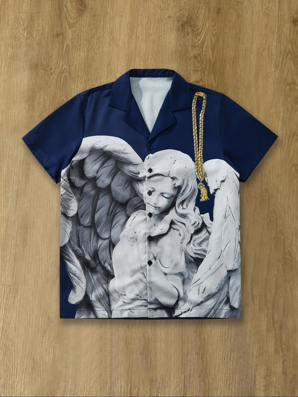 Men's Angel Print Short Sleeve Shirt, Regular Fit Casual Baroque Printed Collared Button Shirt for Summer, Fashion Men's...