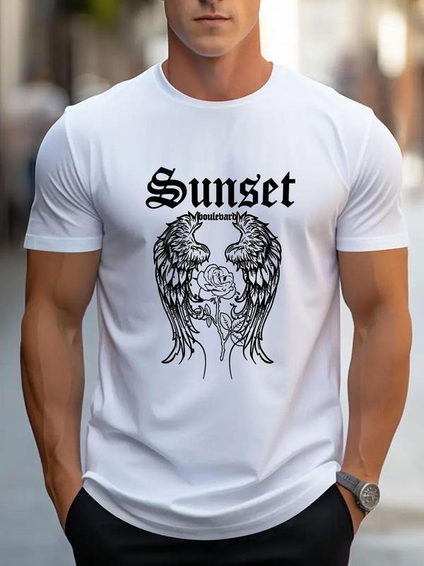 Men's Angel Wings & Letter Print Round Neck Tee, Loose Casual Fashion Short Sleeve T-shirt for Summer, Men's Top for...