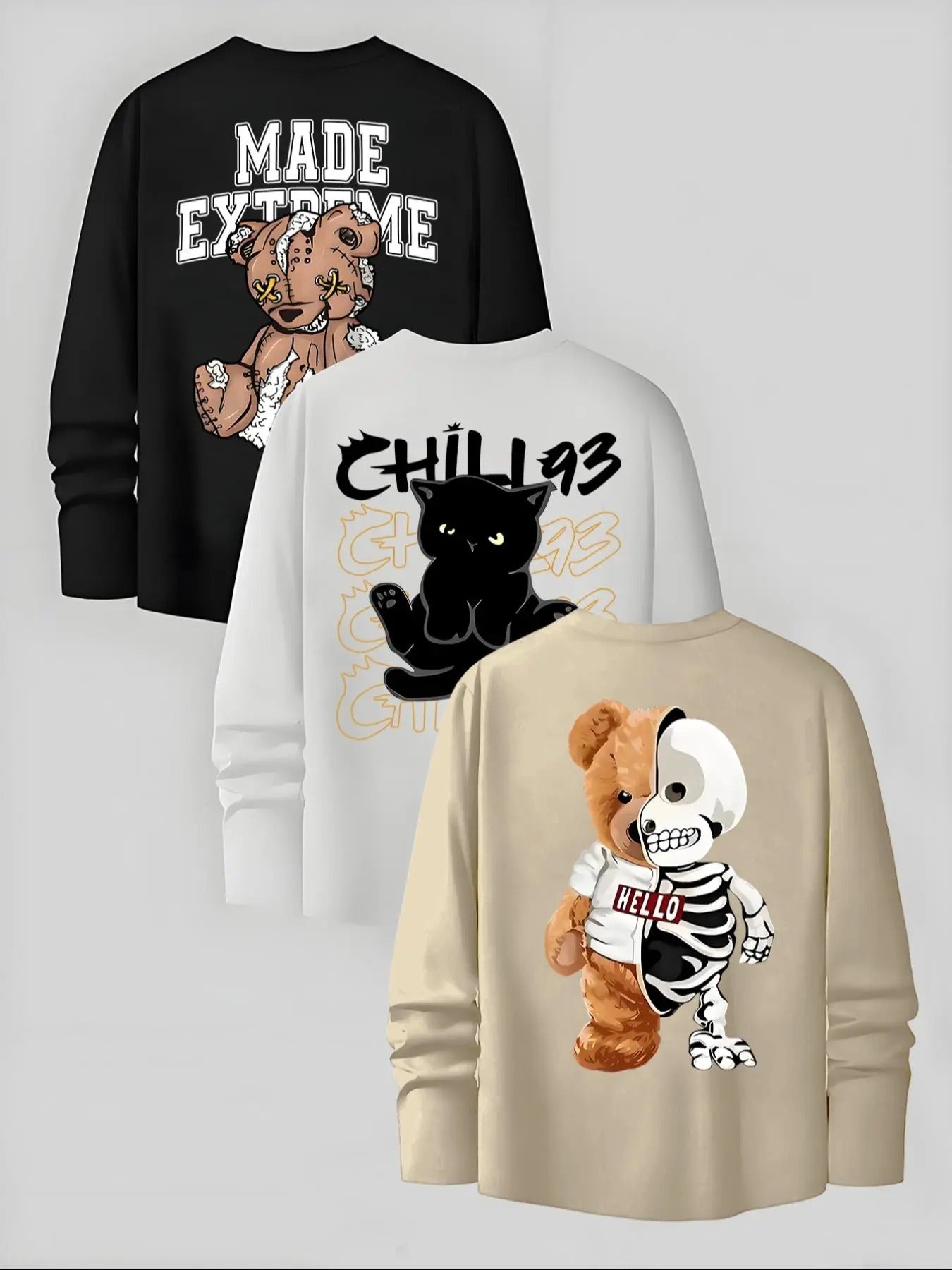 Men's Bear & Cat & Skeleton Print Long Sleeve Tee, Regular Fit Casual Letter Graphic Crew Neck T-shirt for Fall, Men's...