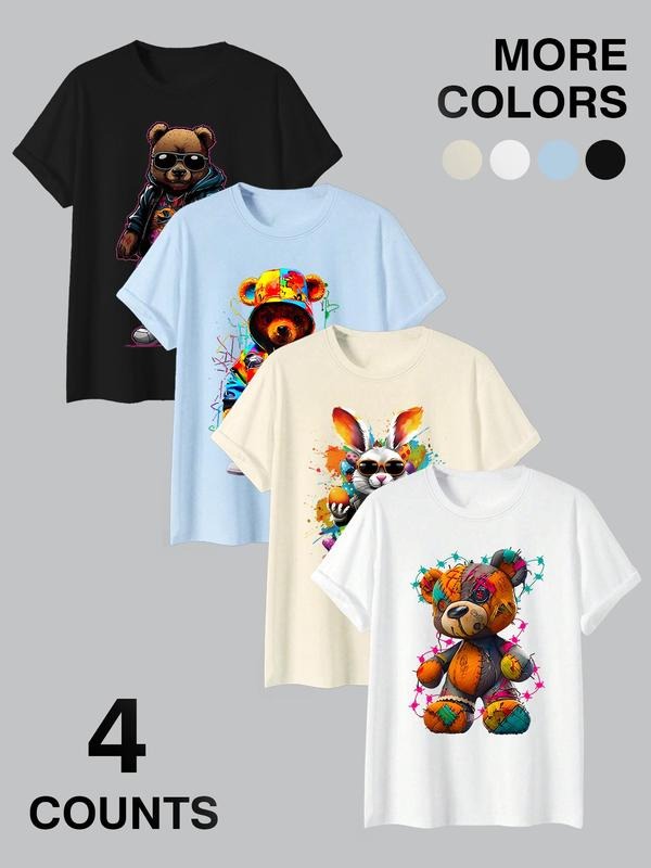 Men's Bear & Letter Print Round Neck Tee, Loose Casual Short Sleeve T-shirt for Summer, Men's Top for Daily Wear Hoodie,...