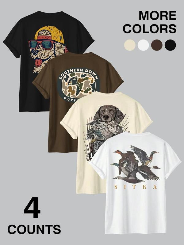Men's Bird & Letter Print Round Neck Tee, Loose Casual Short Sleeve T-shirt for Summer, Men's Top for Daily Wear,...