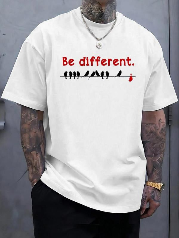 Men's Bird & Letter Print Round Neck Tee, Regular Fit Casual Short Sleeve Crew Neck T-shirt for Summer, Fashion Men's Top...