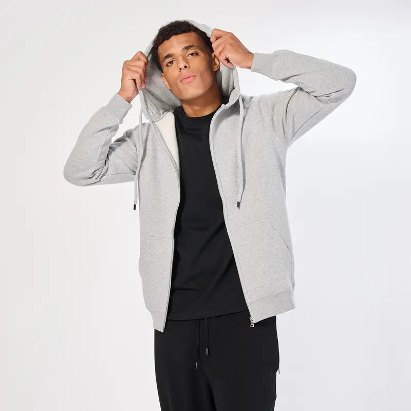 Men's Brushed Fleece Zip-Up Hoodie, Plain Beige, Long Sleeve, 100% Cotton Polyester Menswear Stylish Sweatshirts Tops...