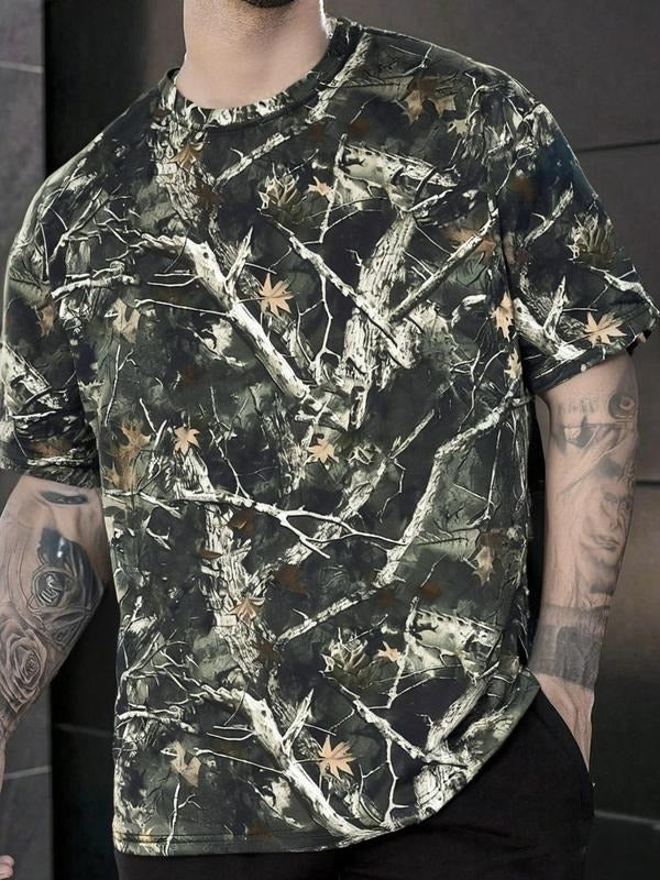Men's Camo Print Round Neck Tee, Loose Street Fashion Casual Short Sleeve T-shirt for Summer, Men's Top for Daily Wear...