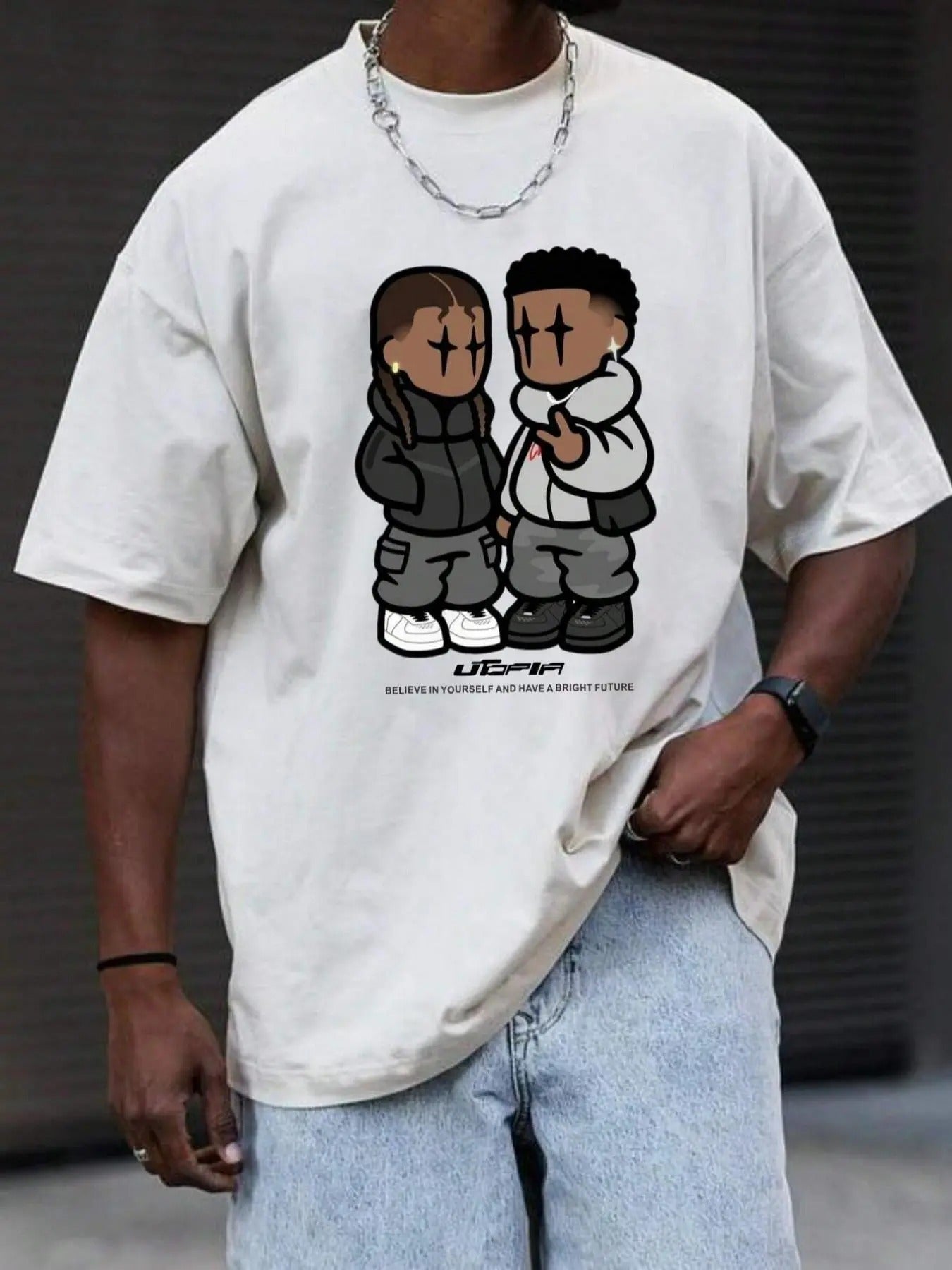Men's Cartoon & Letter Print Round Neck Tee, Loose Casual Fashion Short Sleeve T-shirt for Summer, Men's Top for Daily...