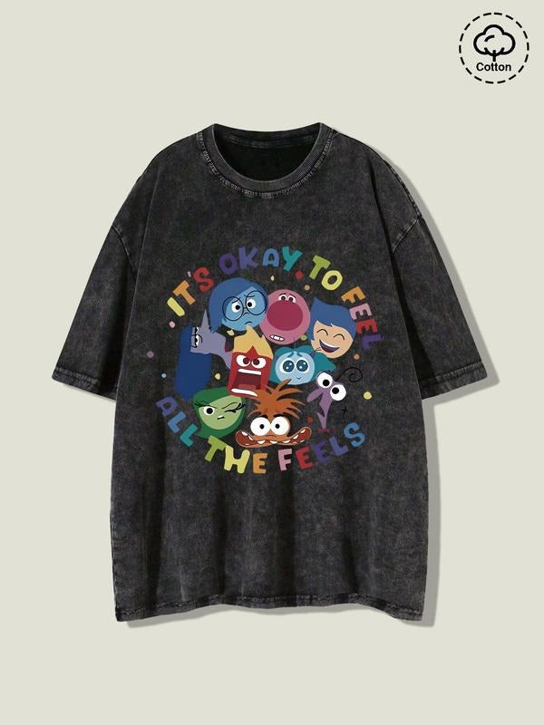 Men's Cartoon & Letter Print Round Neck Tee, Regular Fit Casual Street Short Sleeve T-Shirt for Daily Wear, Menswear for...