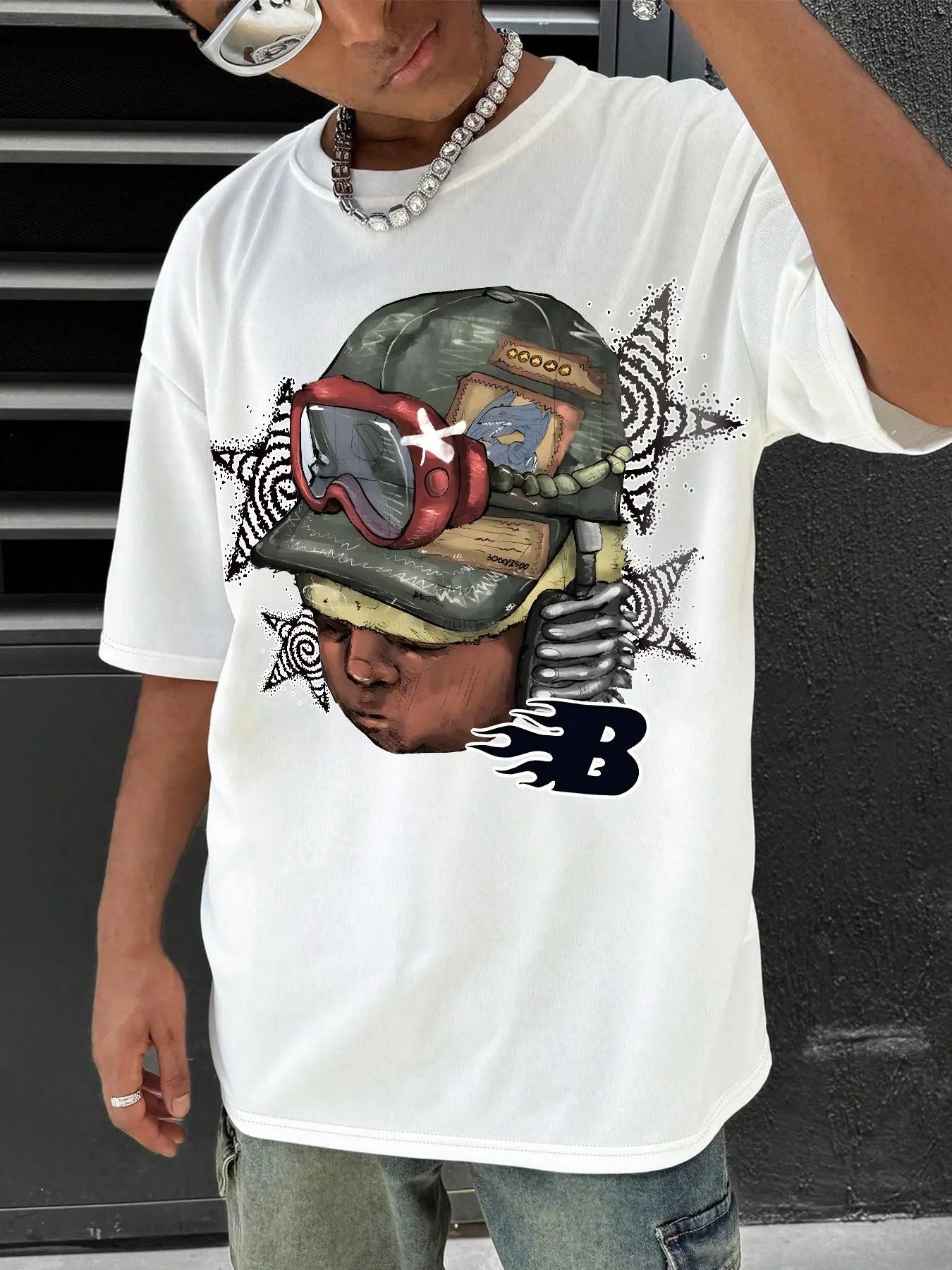Men's Cartoon & Star Print Drop Shoulder Tee, Regular Fit Casual Fashion Half Sleeve Round Neck T-Shirt for Daily Wear,...