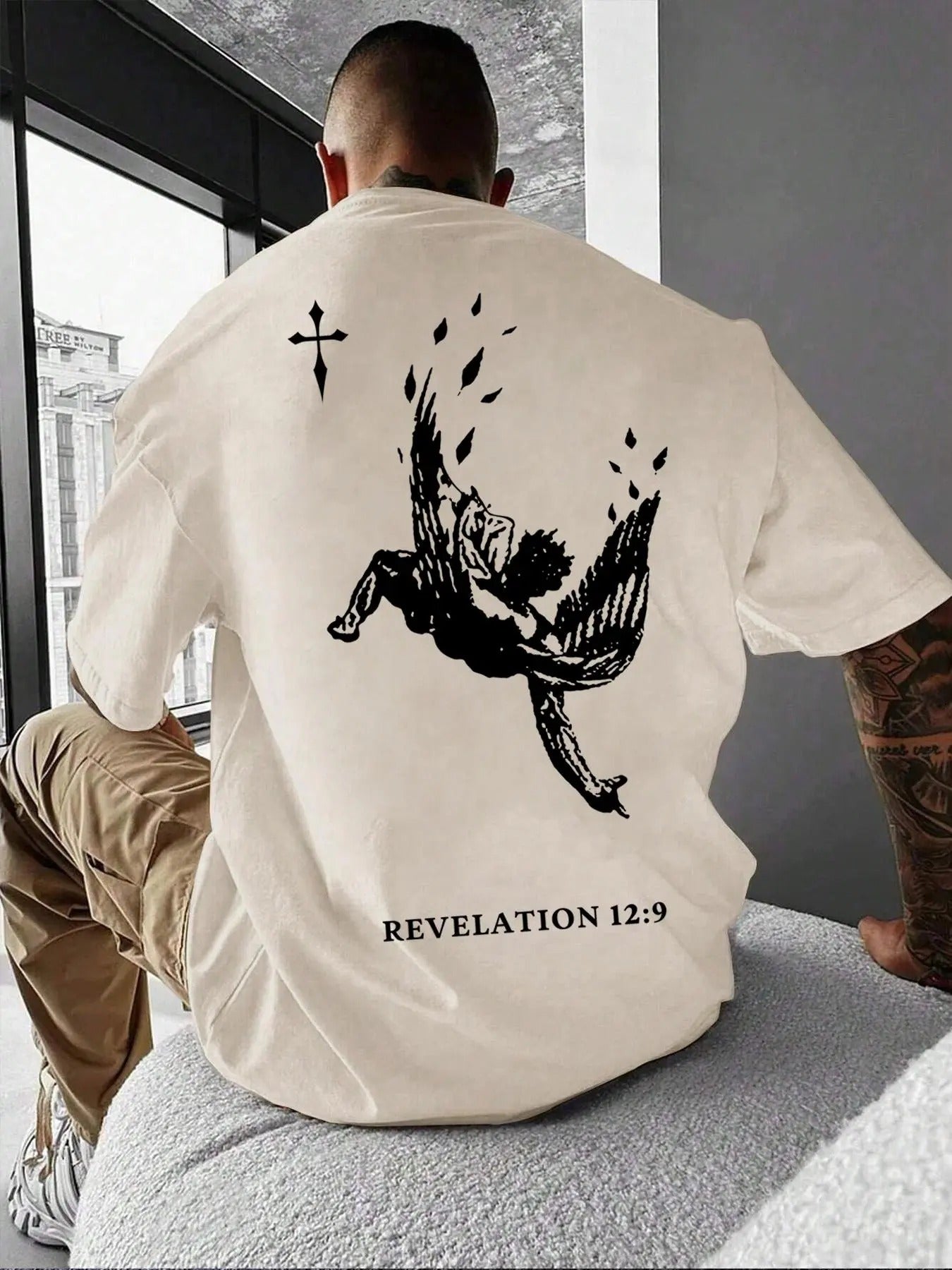 Men's Cartoon Angel & Cross Print Round Neck Tee, Regular Fit Casual Short Sleeve T-shirt for Summer, Menswear for Daily...