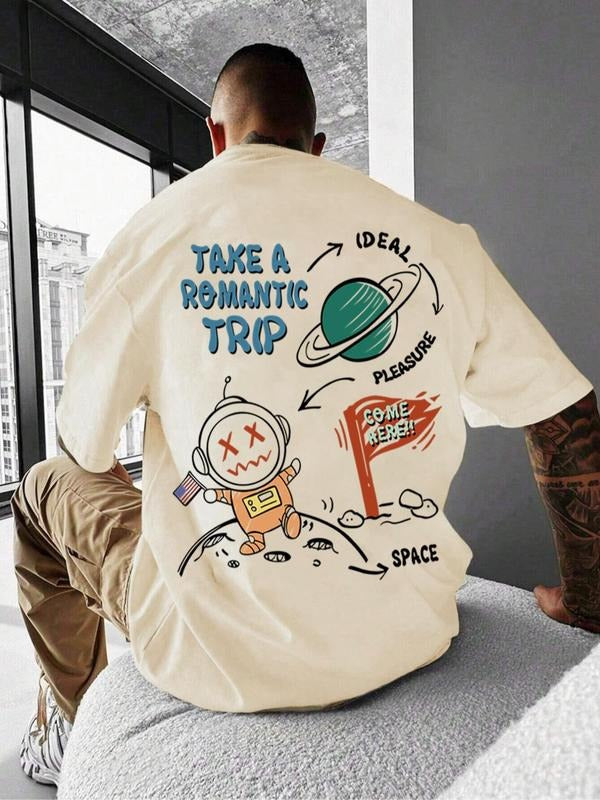 Men's Cartoon Astronaut Print Round Neck Tee, Loose Casual Short Sleeve T-shirt for Summer, Men's Top for Daily Wear,...