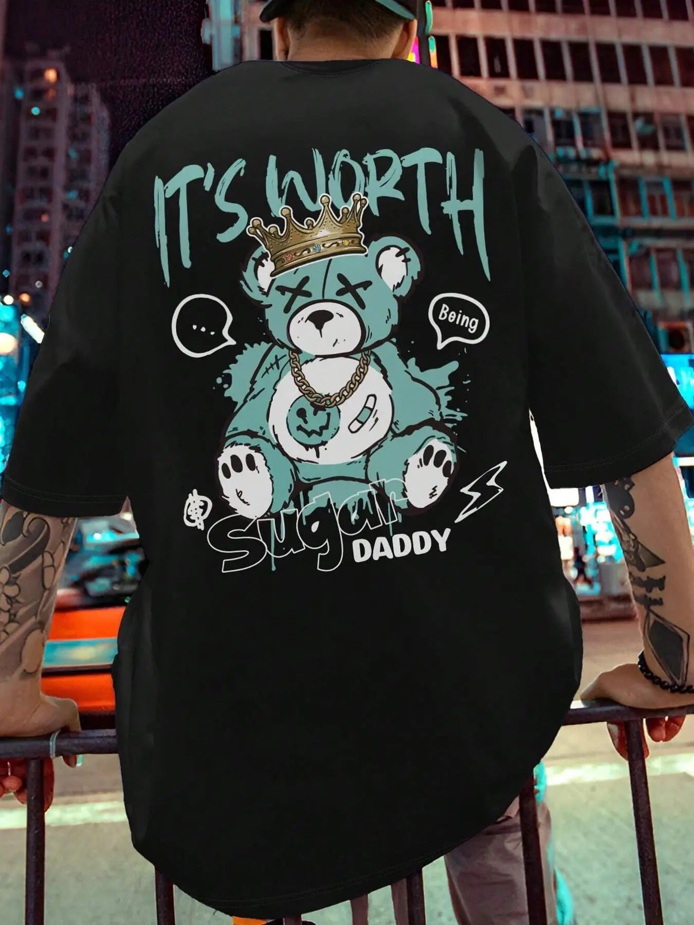 Men's Cartoon Bear & Letter Print Drop Shoulder Tee, Regular Fit Casual Comfy Round Neck Half Sleeve T-Shirt for Summer,...