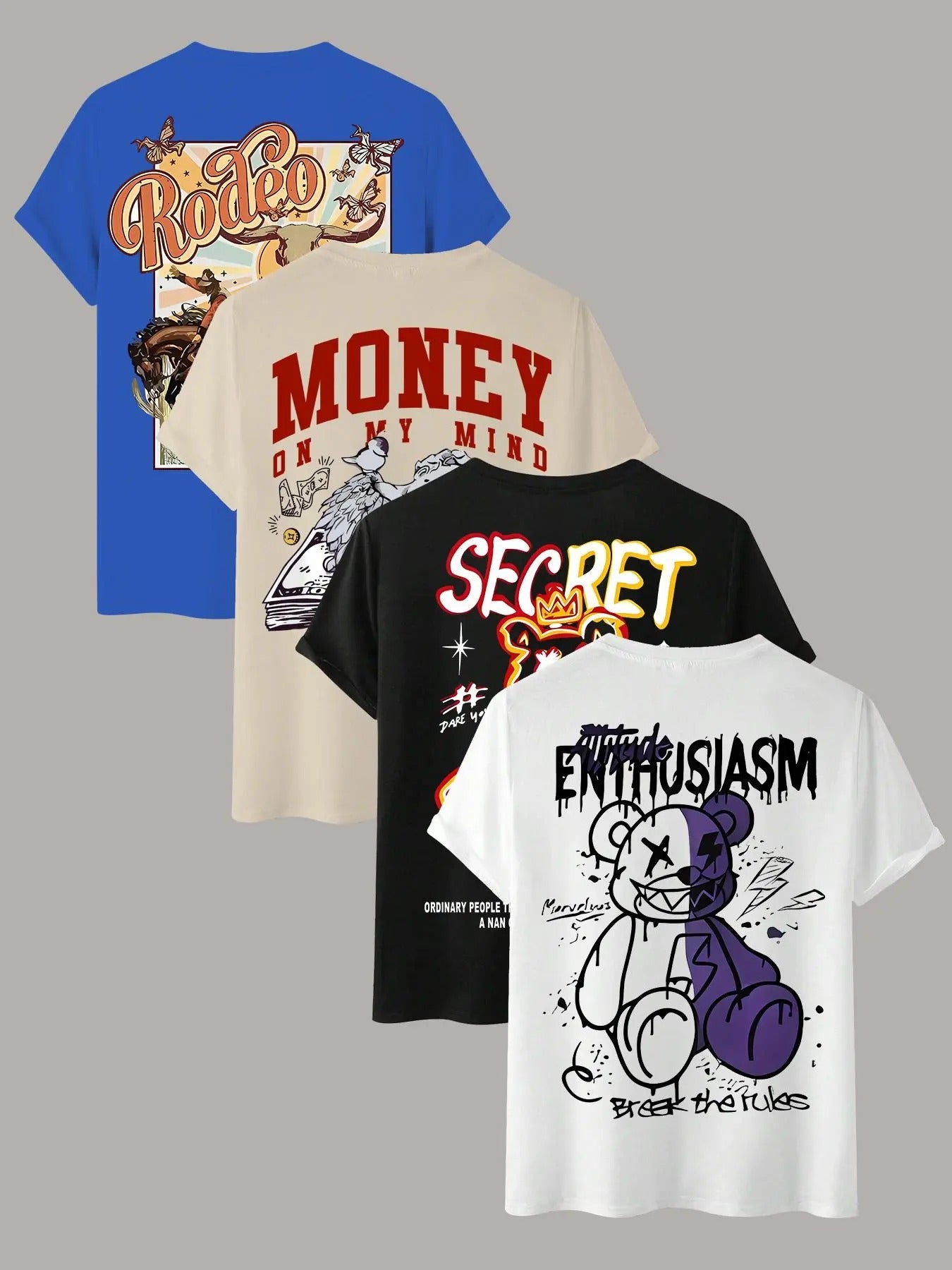 Men's Cartoon Bear & Letter Print Short Sleeve Tee, Casual Round Neck  T-shirt for Summer, Fashion Men's Top for Daily...