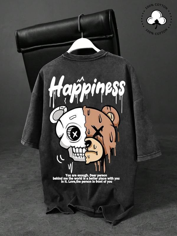 Men's Cartoon Bear & Skeleton Print Wash T-shirt, Regular Fit Casual Fashion Short Sleeve Tee, Men's Summer Top for Daily...