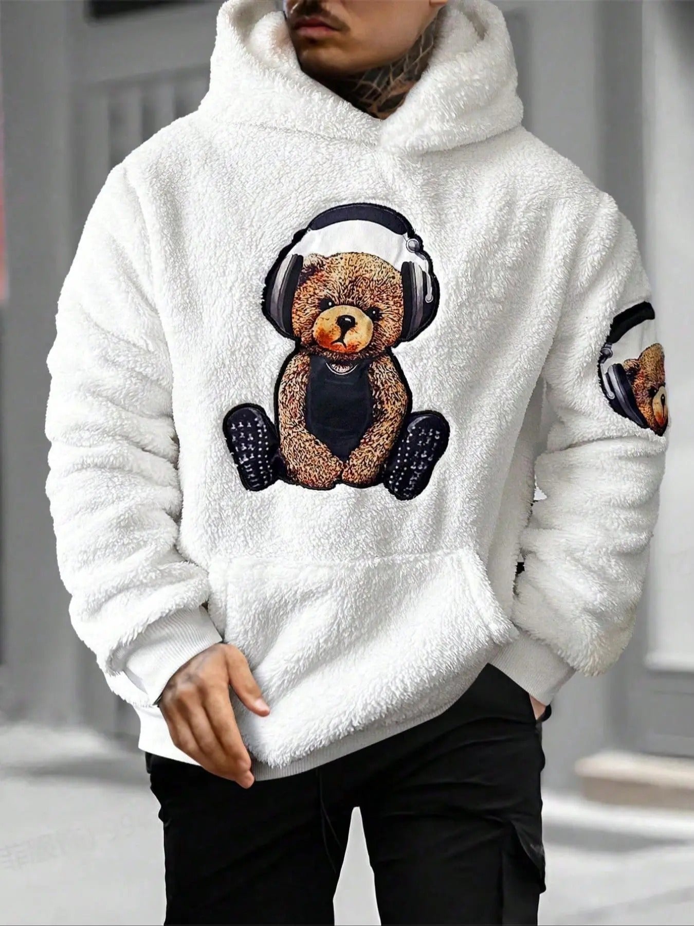 Men's Cartoon Bear Embroidery Pocket Fuzzy Hoodie, Regular Fit Casual Long Sleeve Hooded Sweatshirt for Fall & Winter,...
