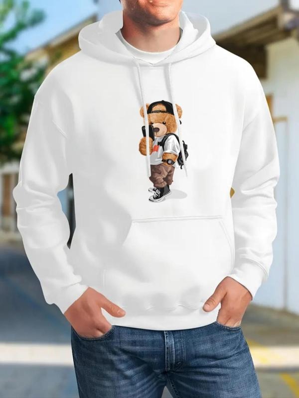 Men's Cartoon Bear Print Drop Shoulder Hoodie, Fashion Casual Regular Fit Drawstring Pocket Hooded Sweatshirt for Daily...