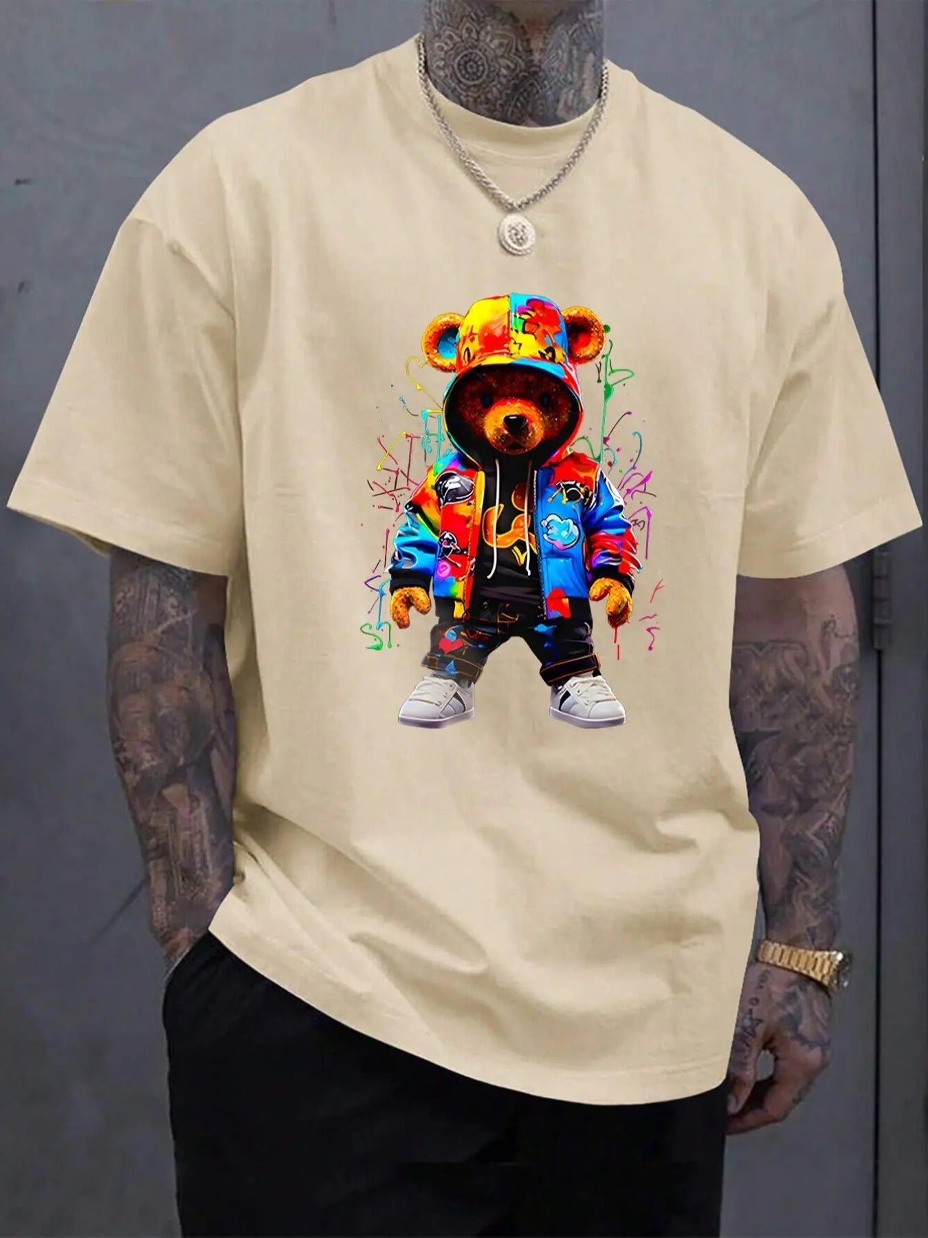 Men's Cartoon Bear Print Drop Shoulder Tee, Loose Casual Short Sleeve Round Neck T-shirt for Summer, Men's Top for Daily...