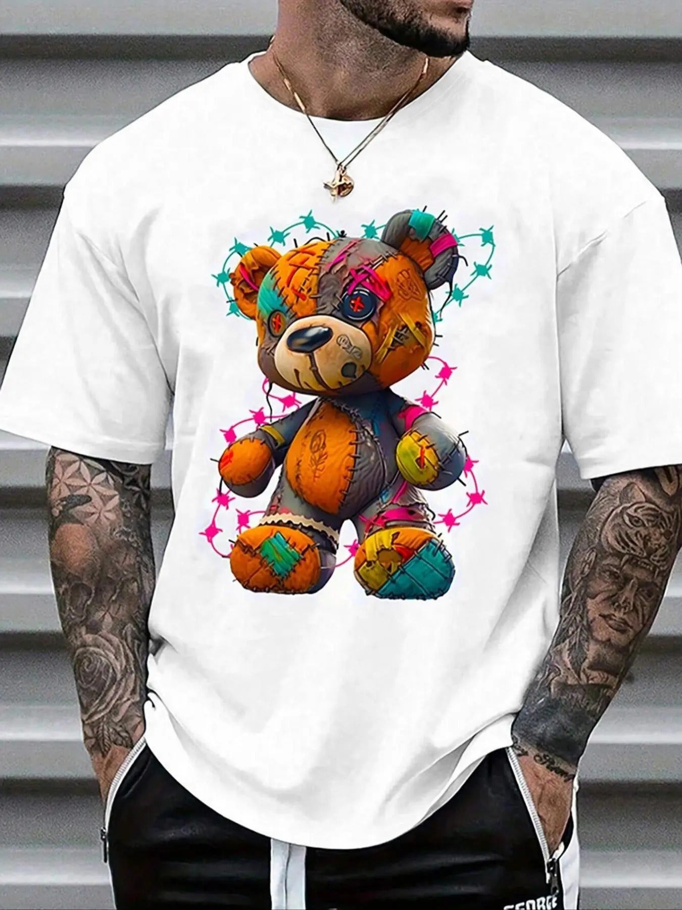 Men's Cartoon Bear Print Round Neck Graphic Tee, Loose Casual Short Sleeve T-shirt for Summer, Men's Top for Daily Wear...