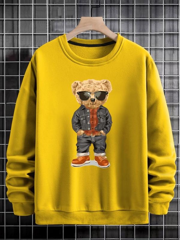 Men's Cartoon Bear Print Round Neck Sweatshirt, Regular Fit Casual Long Sleeve Pullover for Fall & Winter, Men's Clothes...