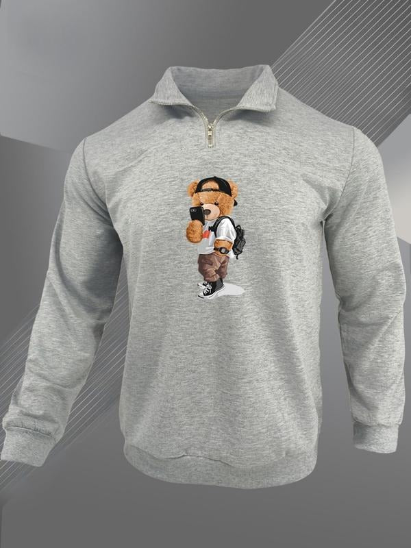 Men's Cartoon Bear Print Stand Collar Zip Front Sweatshirt, Regular Fit Casual Long Sleeve Pullover for Daily Wear, Men's...