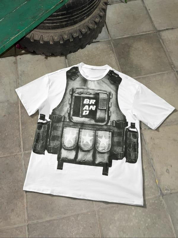 Men's Cartoon Bulletproof Vest Print Round Neck Tee, Regular Fit Casual Short Sleeve T-shirt, Men's Summer Top for Daily...