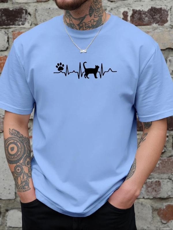 Men's Cartoon Cat & Electrocardiogram Print Round Neck Tee, Regular Fit Casual Short Sleeve T-shirt for Daily Wear, Men's...