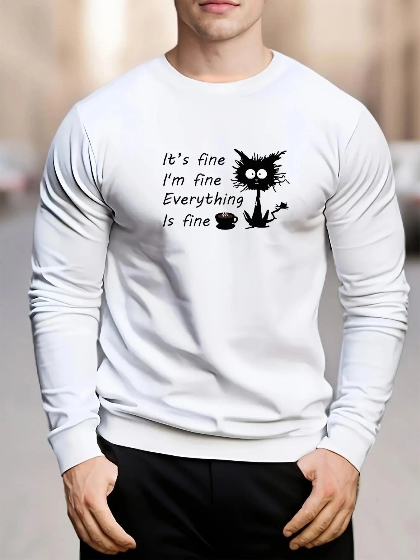 Men's Cartoon Cat & Letter Print Round Neck Sweatshirt, Regular Fit Casual Fashion Soft Comfy Long Sleeve Pullover for...