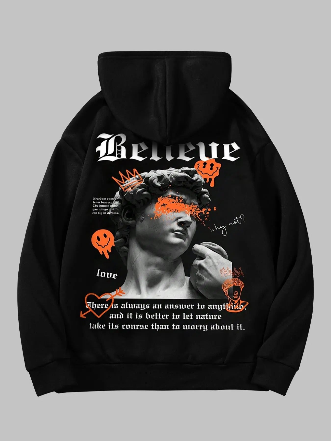 Men's Cartoon Face & Statue Graphic Pocket Drawstring Thermal Lined Hoodie, Regular Fit Casual Drop Shoulder Long Sleeve...