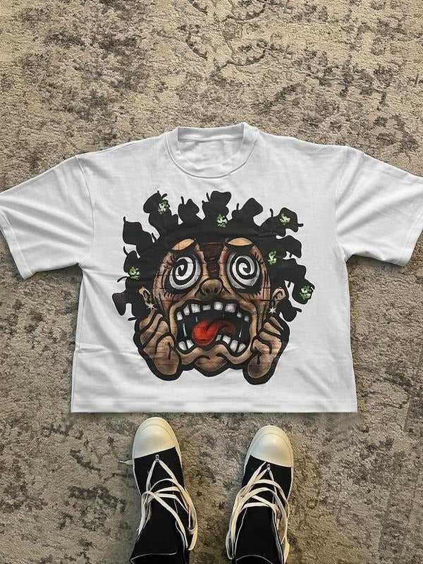 Men's Cartoon Face Print Round Neck Tee, Regular Fit Street Fashion Casual Short Sleeve T-shirt for Daily Wear, Men's...
