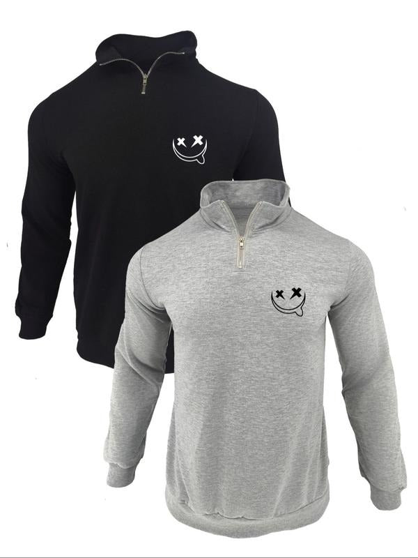 Men's Cartoon Face Print Zip Up Half Placket Sweatshirt, Regular Fit Casual Long Sleeve Stand Collar Pullover for Fall &...