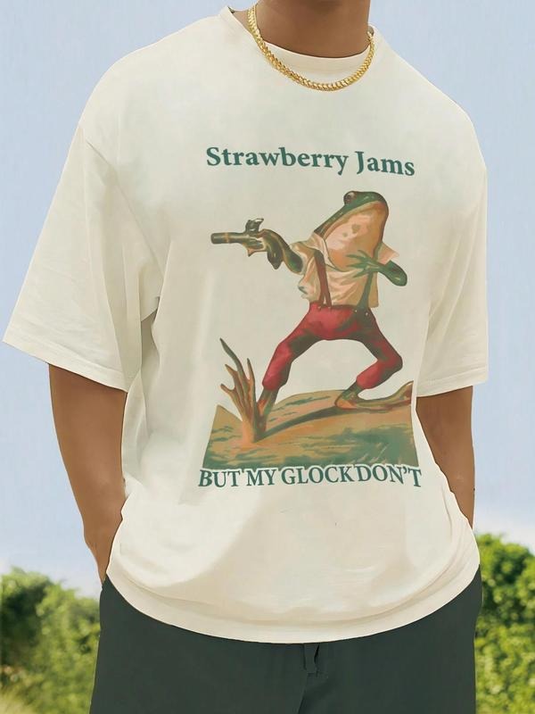 Men's Cartoon Frog & Letter Graphic Round Neck Tee, Casual Short Sleeve T-shirt for Summer, Menswear for Daily Wear...