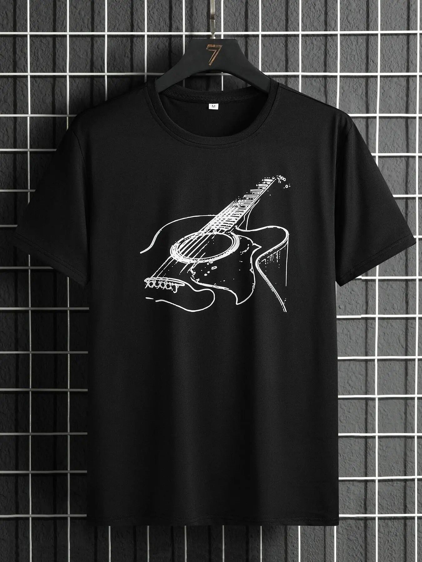 Men's Cartoon Guitar Print Round Neck Tee, Regular Fit Casual Short Sleeve T-shirt, Men's Summer Top for Daily Wear...