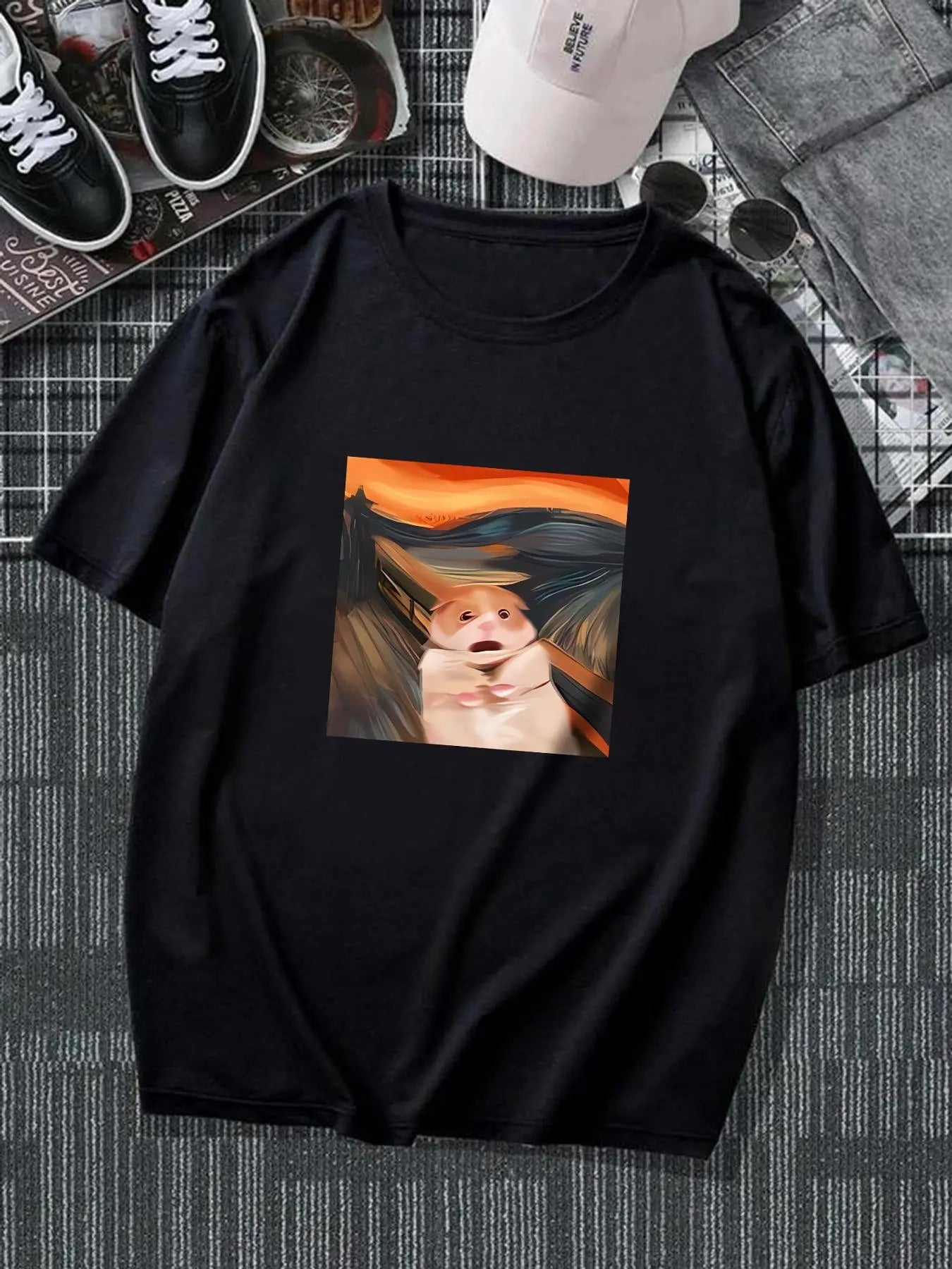 Men's Cartoon Hamster Print Round Neck Tee, Casual Short Sleeve Crew Neck T-shirt for Summer, Fashion Men's Top for Daily...