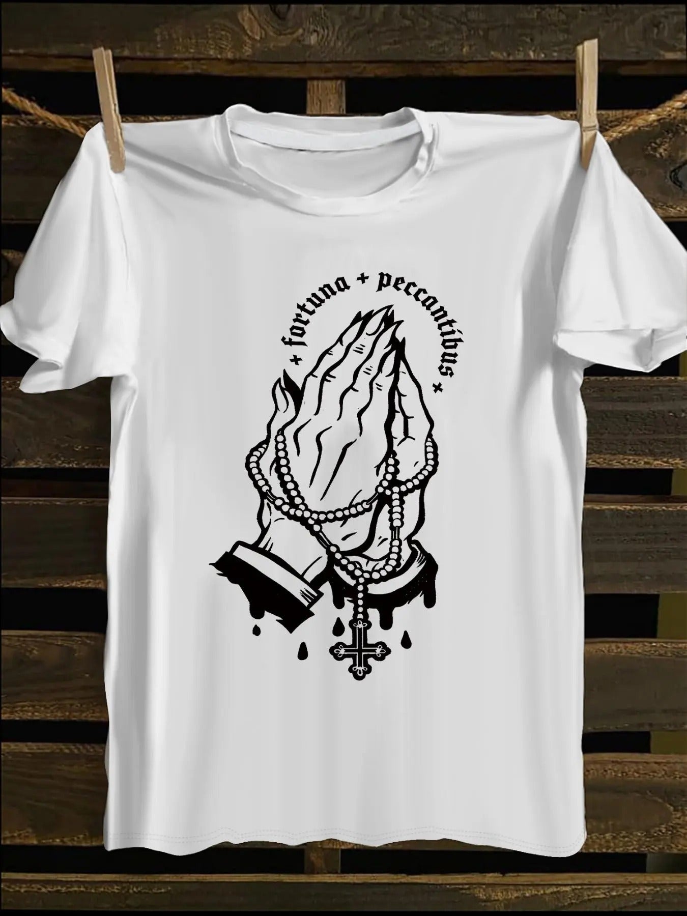 Men's Cartoon Hand & Rosary Print Round Neck Tee, Loose Casual Fashion Short Sleeve T-shirt for Summer, Men's Top for...