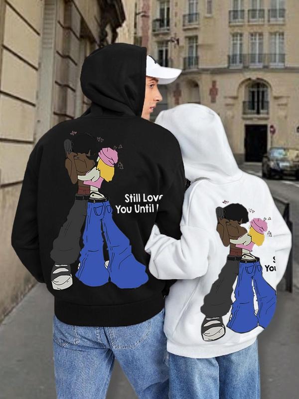 Men's Cartoon Letter Print Drop Shoulder Hoodie, Fashion Casual Regular Fit Drawstring Pocket Hooded Sweatshirt for Daily...
