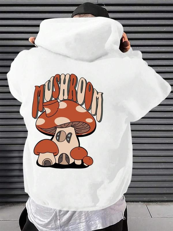 Men's Cartoon Mushroom Print Graphic Hoodie, Loose Casual Pocket Drawstring Hooded Sweatshirt for Fall & Winter, Men's...