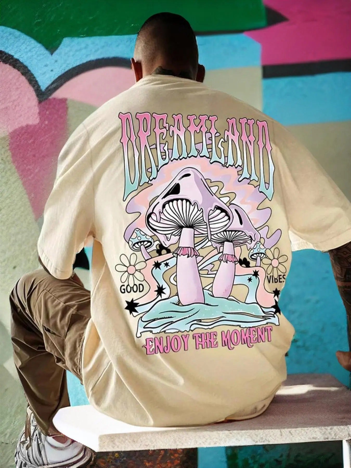 Men's Cartoon Mushroom Print Round Neck Tee, Regular Fit Casual Drop Shoulder Half Sleeve Graphic T-shirt, Graphic Tees,...