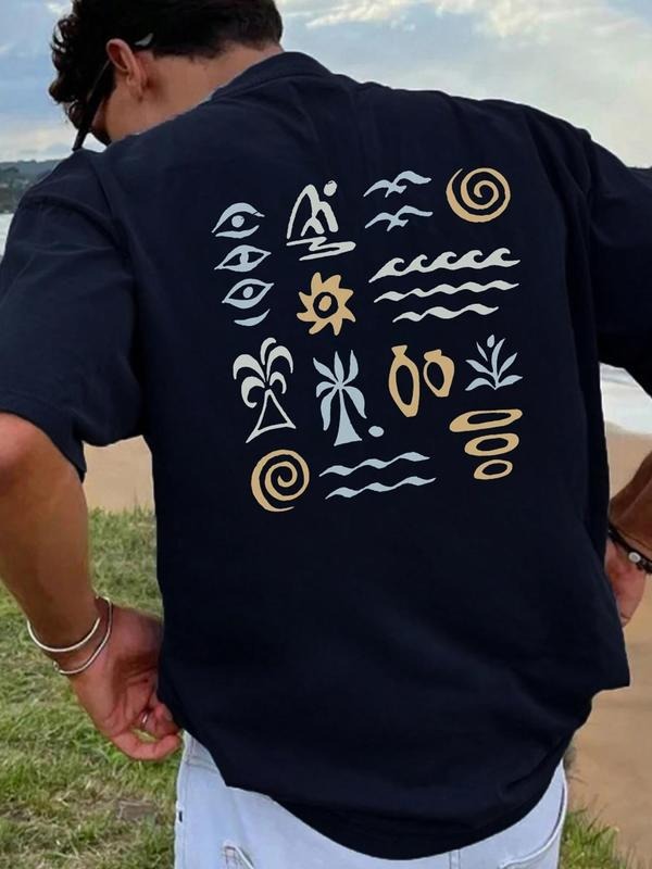 Men's Cartoon Print Round Neck Tee, Regular Fit Casual Short Sleeve T-shirt, Men's Summer Top for Daily Wear, Tropical...