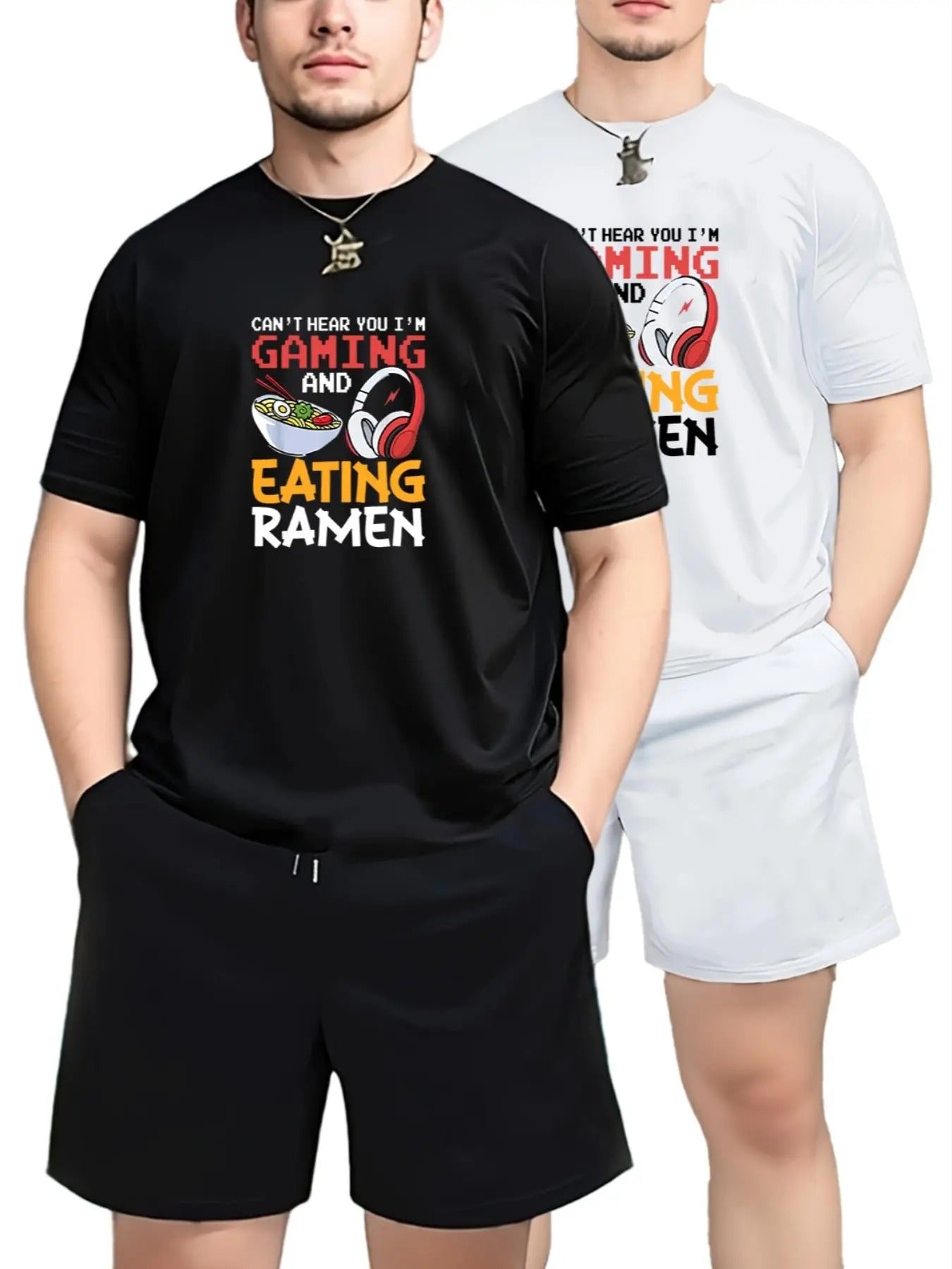 Men's Cartoon Print Short Sleeve Tee & Shorts Set, Casual Round Neck T-shirt & Track Shorts, Two-piece Outfits for Men...