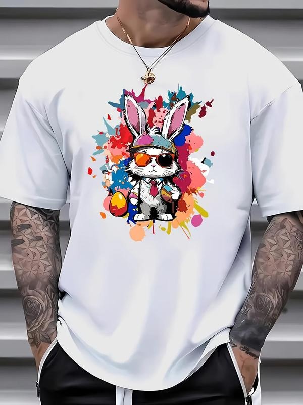 Men's Cartoon Rabbit Print Round Neck Tee, Loose Casual Fashion Short Sleeve T-shirt for Summer, Men's Top for Daily Wear...