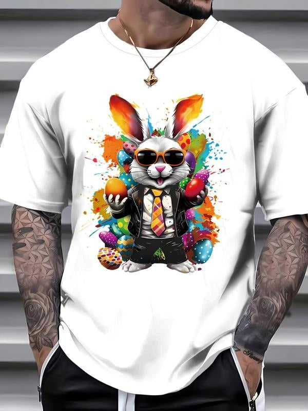 Men's Cartoon Rabbit Print Round Neck Tee, Loose Casual Fashion Short Sleeve T-shirt for Summer, Men's Top for Daily...