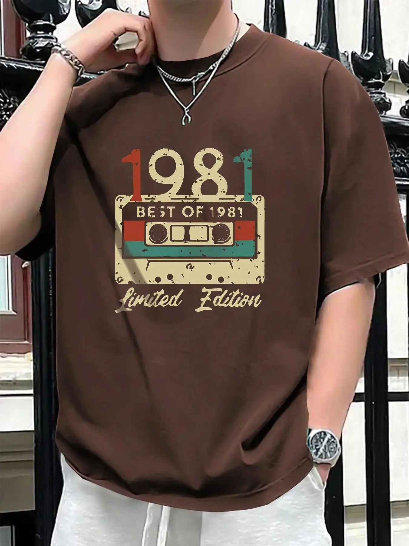 Men's Cartoon Radio Tape & Figure Print Round Neck Tee, Regular Fit Retro Casual Letter Graphic Short Sleeve T-Shirt for...