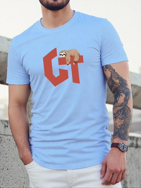 Men's Cartoon Sloth & Letter Print Round Neck Tee, Regular Fit Casual Short Sleeve Crop T-shirt for Daily Wear, Men's Top...