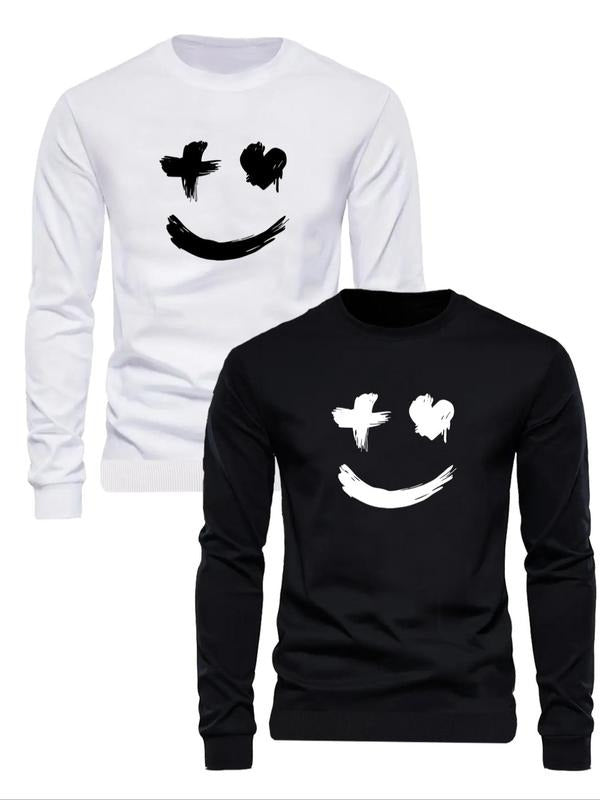 Men's Cartoon Smile Face Print Drop Shoulder Sweatshirt, Regular Fit Casual Long Sleeve Round Neck Pullover for Fall &...