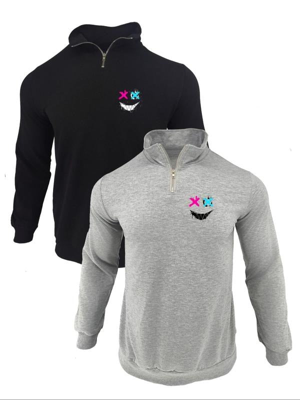 Men's Cartoon Smile Face Print Half Zip Sweatshirt, Regular Fit Casual Long Sleeve Stand Collar Pullover for Fall &...