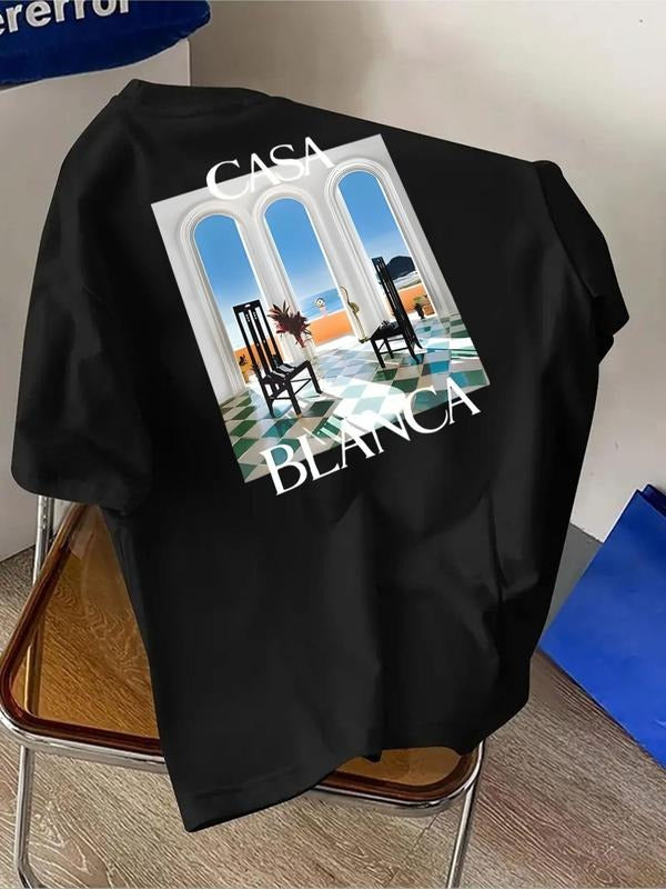 Men's Casa Blanca Print Round Neck Tee, Loose Casual Short Sleeve T-shirt for Summer, Men's Top for Daily Wear, Tropical...