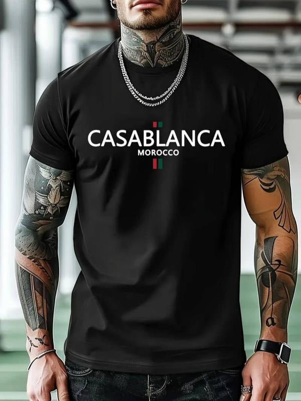Men's Casablanca Graphic Print Round Neck Tee, Loose Casual Fashion Short Sleeve T-shirt for Summer, Men's Top for Daily...