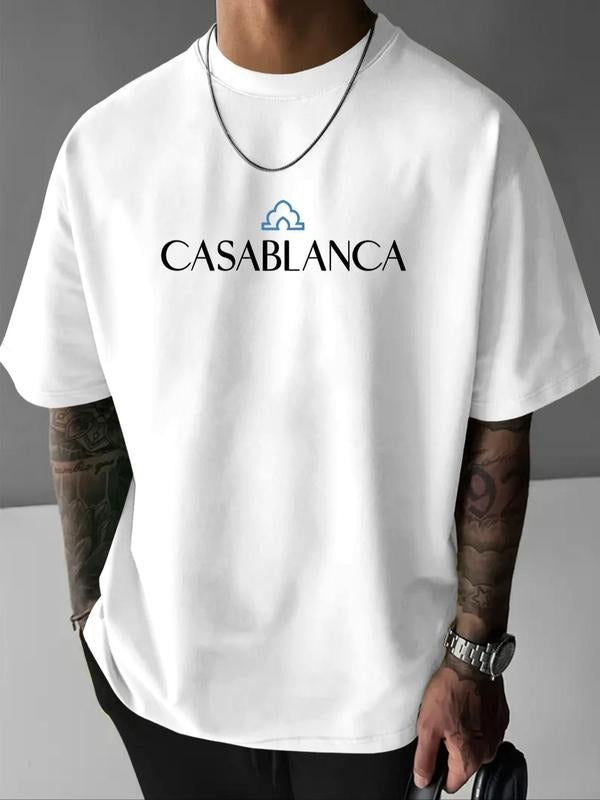 Men's Casablanca Print Round Neck Tee, Loose Casual Short Sleeve T-shirt for Summer, Men's Top for Daily Wear Hoodie,...