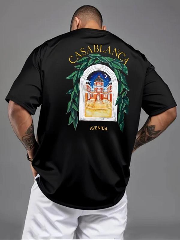 Men's Casablanca Print Round Neck Tee, Loose Casual Short Sleeve T-shirt for Summer, Men's Top for Daily Wear, Tropical...
