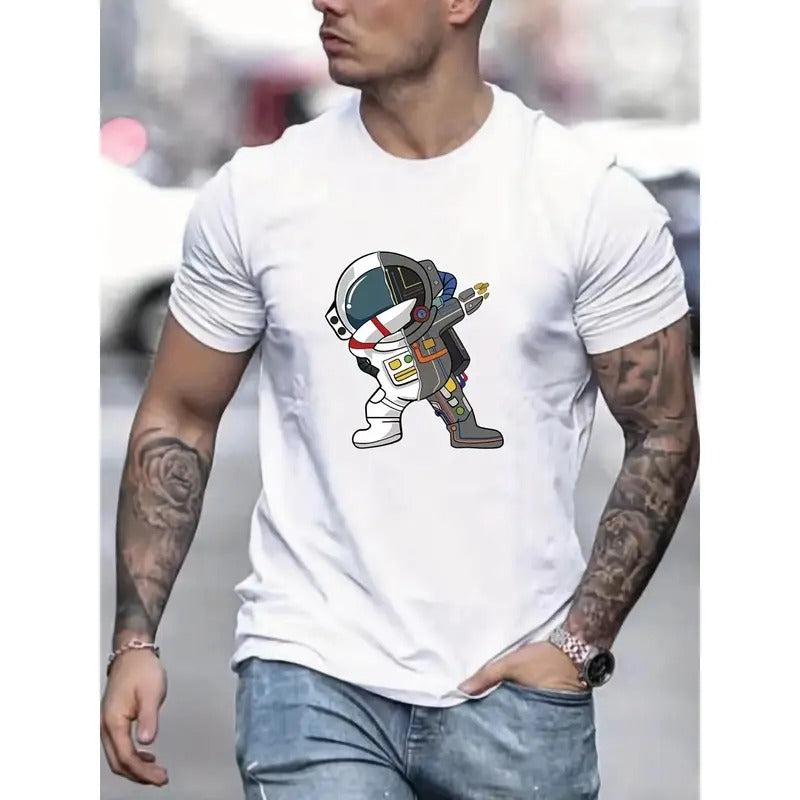 Men's Casual Astronaut Graphic T-Shirt - Short Sleeve, Round Neck, Cotton, Machine Washable