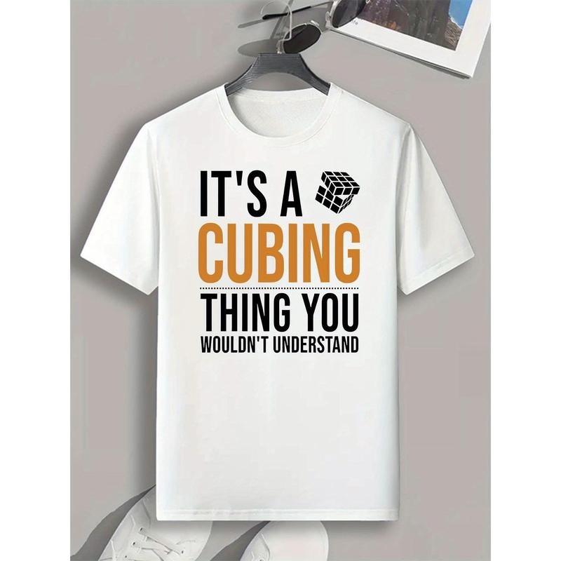 Men's Casual Athletic T-Shirt - Breathable Cotton, Crew Neck with Letter Print Design, Machine Washable