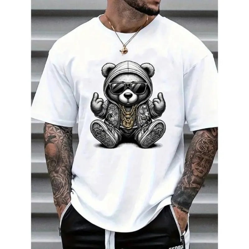 Men's Casual Cartoon Bear Print Round Neck Short Sleeve T-Shirt, Summer Made In USA Hoodie, Sweatshirt | HypeDripTees.com
